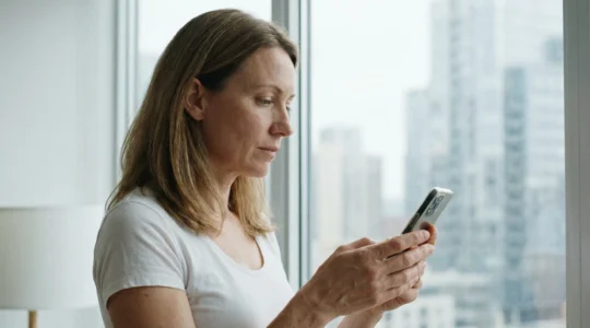 Persona consultando valoración inmobiliaria Madrid en smartphone junto a ventana