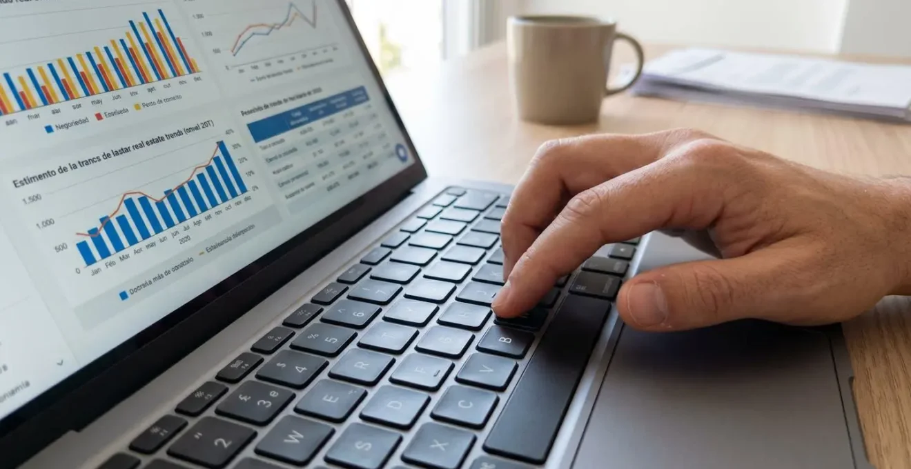 Primer plano de una mano escribiendo en el teclado de un ordenador portátil moderno con gráficos inmobiliarios en la pantalla de fondo
