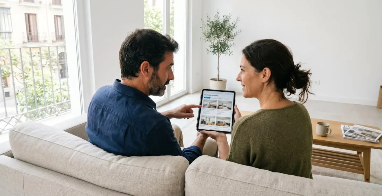 Una pareja de unos 40 años mira atentamente una tableta digital sentados juntos en un sofá contemporáneo de un salón luminoso con luz natural