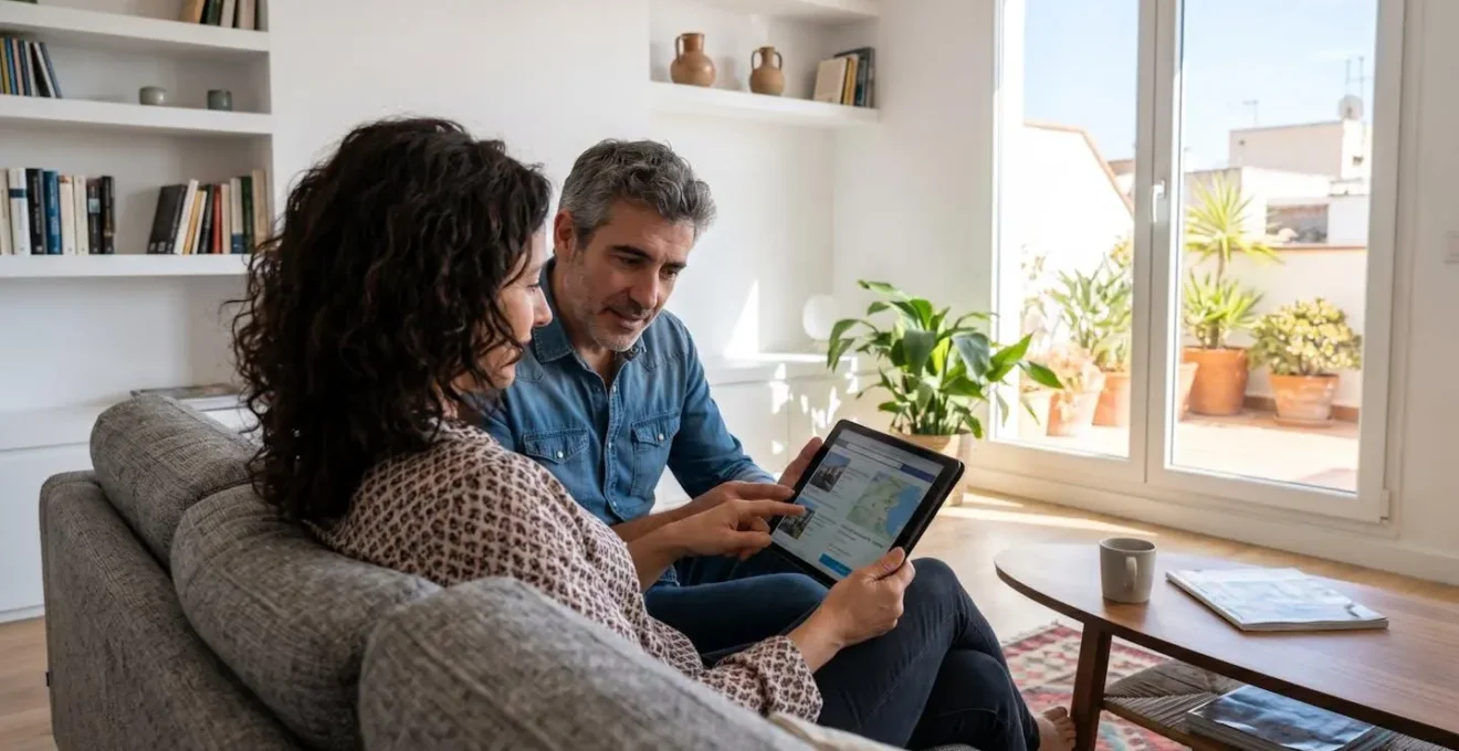 Una pareja de unos 40 años mira atentamente una tableta digital sentados juntos en un sofá contemporáneo de un salón luminoso con luz natural