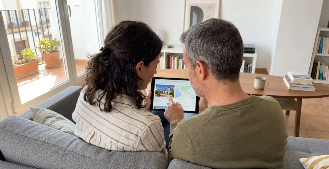 Una pareja de unos 40 años mira atentamente una tableta digital sentados juntos en un sofá contemporáneo de un salón luminoso con luz natural