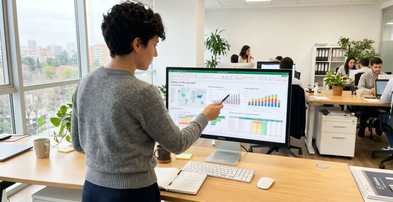 Vista desde atrás de un profesional en oficina moderna analizando datos analíticos inmobiliarios en un monitor grande
