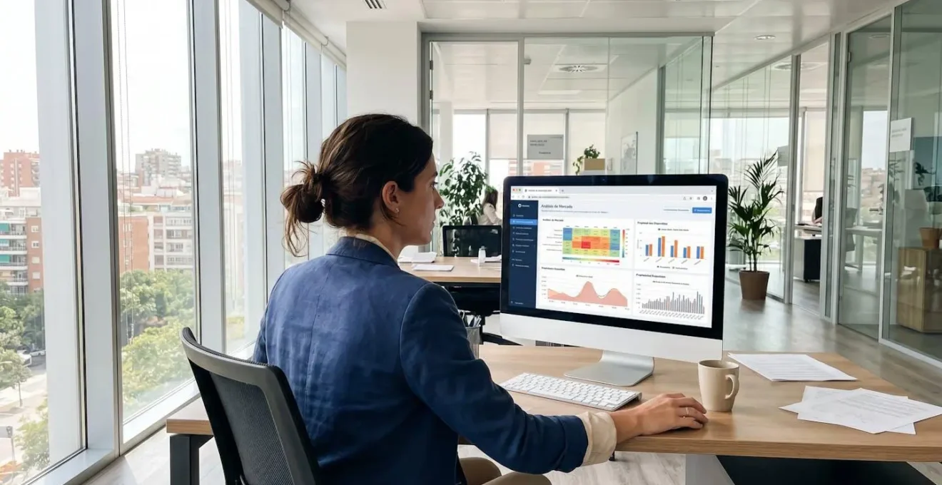 Vista desde atrás de un profesional en oficina moderna analizando datos analíticos inmobiliarios en un monitor grande