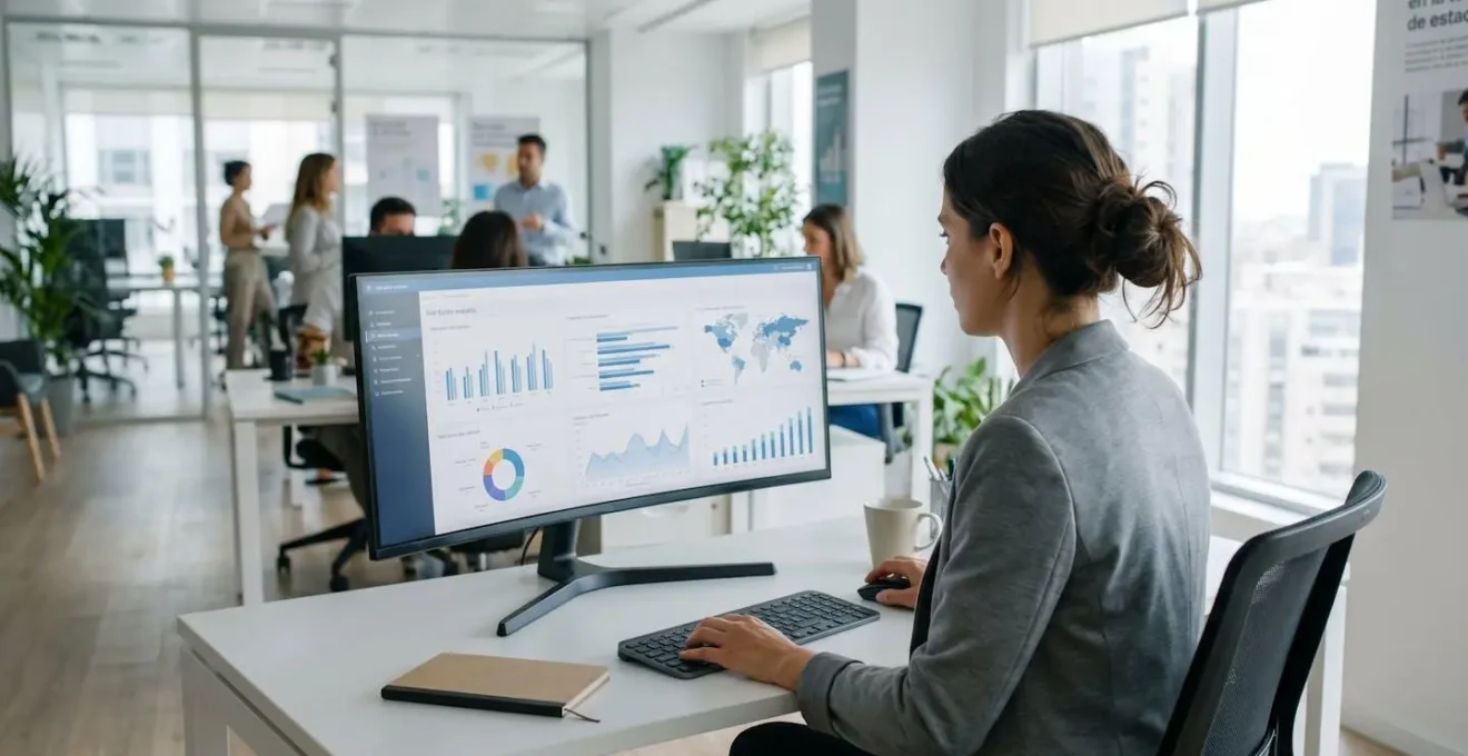 Vista desde atrás de un profesional en oficina moderna analizando datos analíticos inmobiliarios en un monitor grande